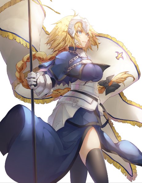 1girl armor armored_dress banner black_bow black_legwear blonde_hair blue_dress blue_eyes bow braid braided_ponytail breasts dress fate/apocrypha fate_(series) faulds floating_hair gauntlets hair_bow headpiece holding jeanne_d'arc_(fate) jeanne_d'arc_(fate)_(all) large_breasts long_dress long_hair saihate_(d3) simple_background single_braid solo standing thigh-highs very_long_hair white_background