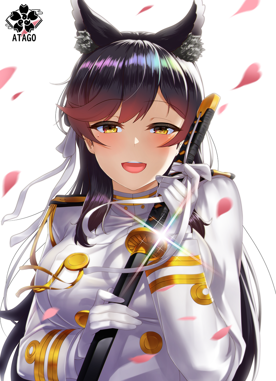 1girl :d animal_ears atago_(azur_lane) azur_lane bangs black_hair blush breasts brown_eyes character_name commentary_request extra_ears eyebrows_visible_through_hair glint gloves hair_ribbon highres holding holding_sword holding_weapon jacket kagiyama_(gen'ei_no_hasha) katana large_breasts long_hair long_sleeves looking_at_viewer mole mole_under_eye open_mouth petals revision ribbon smile solo swept_bangs sword uniform weapon white_gloves white_jacket white_ribbon wind