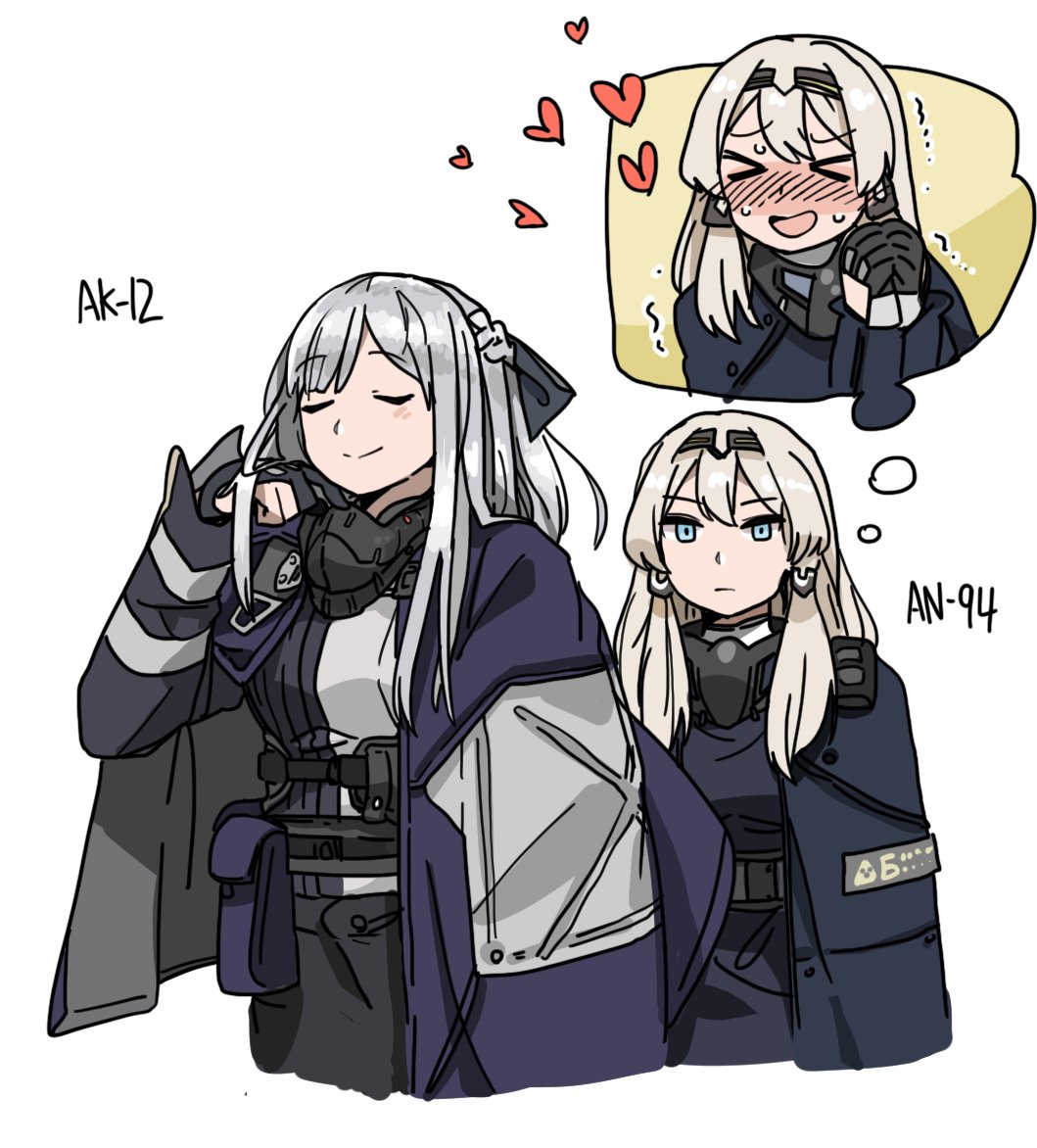 2girls ak-12_(girls_frontline) an-94_(girls_frontline) anyan_(jooho) blush cape closed_eyes commentary_request expressionless fingerless_gloves girls_frontline gloves happy imagining korean_commentary long_hair multiple_girls platinum_blonde_hair silver_hair smile smug white_background yuri