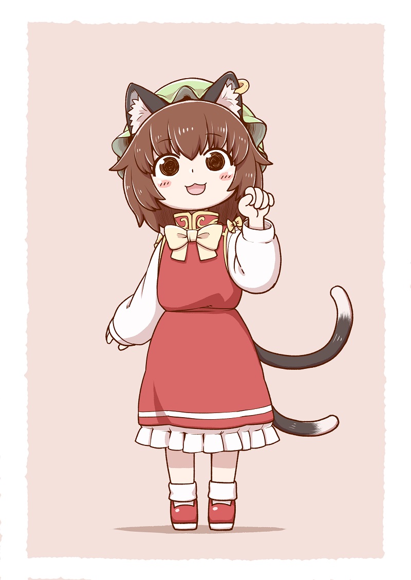 1girl :3 @_@ animal_ears bow bowtie brown_hair cat_ears cat_tail chen earrings eyebrows_visible_through_hair full_body green_hat hand_up hat jewelry long_sleeves looking_at_viewer mob_cap multiple_tails nekomata poronegi red_footwear red_skirt red_vest shirt shoes skirt smile socks solo tail touhou two_tails vest white_legwear white_neckwear white_shirt