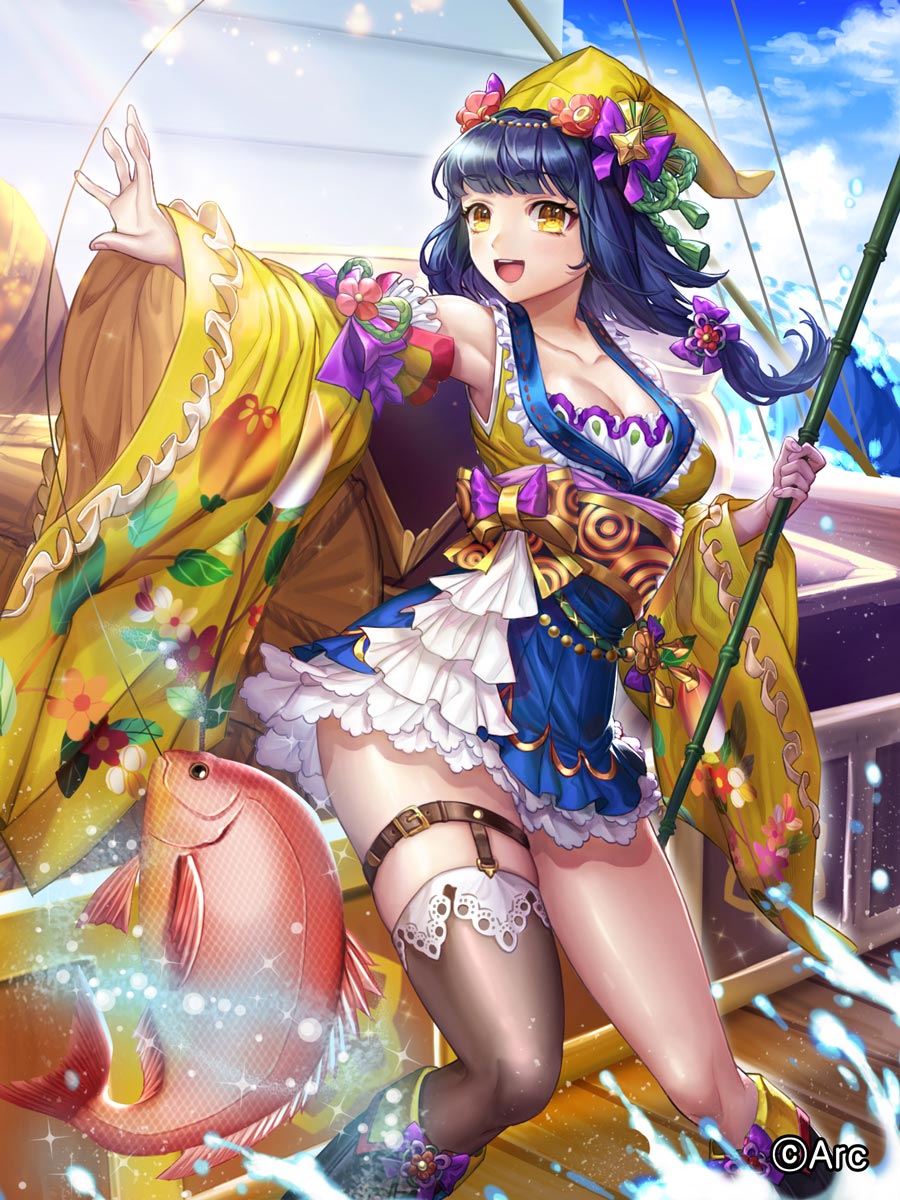 1girl :d black_footwear black_hair blue_sky boots bow box_(hotpppink) breasts brown_legwear clouds collarbone day fish fishing fishing_rod floral_print frills hair_bow hat highres knee_boots medium_breasts official_art open_mouth outstretched_hand purple_bow sengoku_kishin_valkyrie single_thighhigh sky smile solo standing thigh-highs thigh_strap wide_sleeves yellow_eyes yellow_hat
