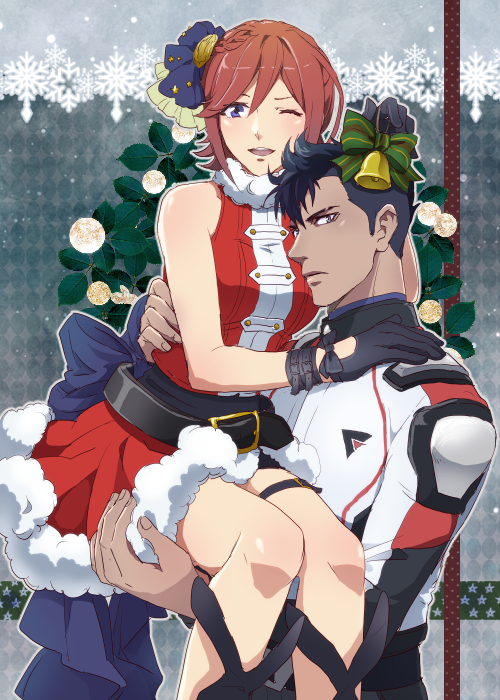 1boy 1girl alternate_costume bare_shoulders black_gloves black_hair blue_eyes bow braid carrying cero_(cerocero) couple crown_braid dark_skin dark_skinned_male fur_trim gloves hair_ornament hetero kaname_buccaneer looking_at_viewer macross macross_delta messer_ihlefeld mohawk official_style one_eye_closed princess_carry redhead santa_costume short_hair sleeveless smile thigh_strap