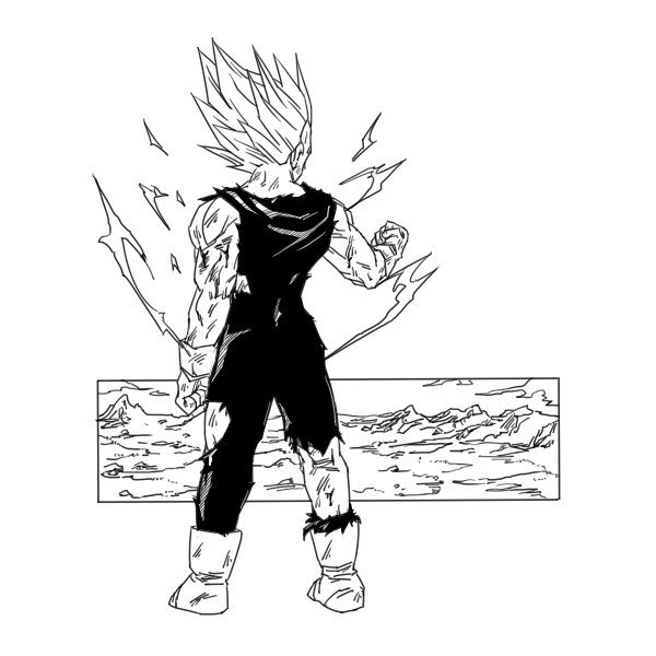 1boy arm_at_side aura blood bloody_clothes boots clenched_hand dirty dirty_clothes dragon_ball dragonball_z electricity facing_away full_body gloves male_focus monochrome mountain outdoors outside_border rock simple_background sky standing super_saiyan torn_clothes vegeta white_background