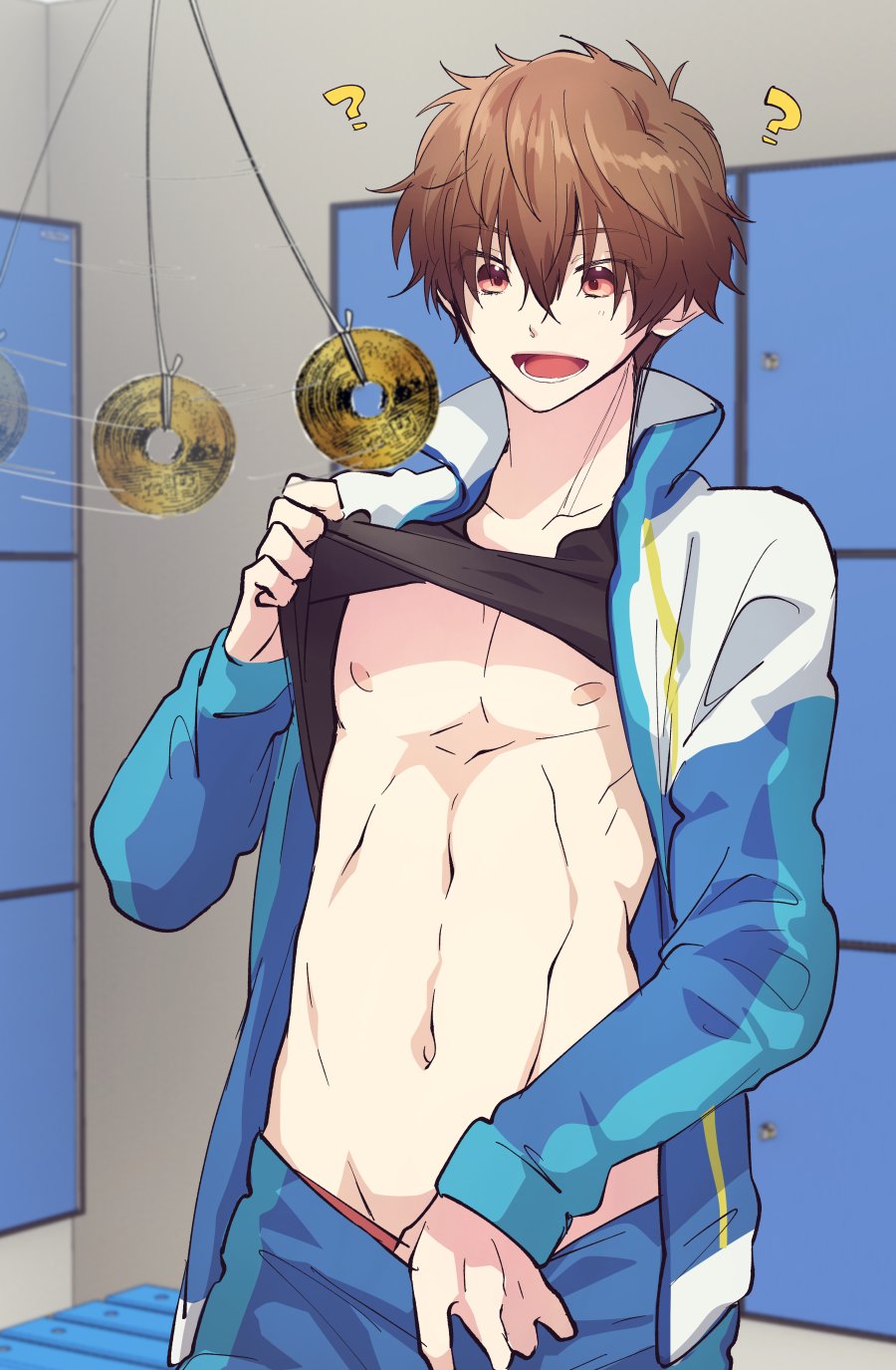 1boy brown_hair free! highres hypnosis jacket kirishima_natsuya male_focus memeo_(candy_house) mind_control navel nipples open_mouth pants pants_pull red_eyes shirt_lift solo_focus track_jacket track_pants window yen