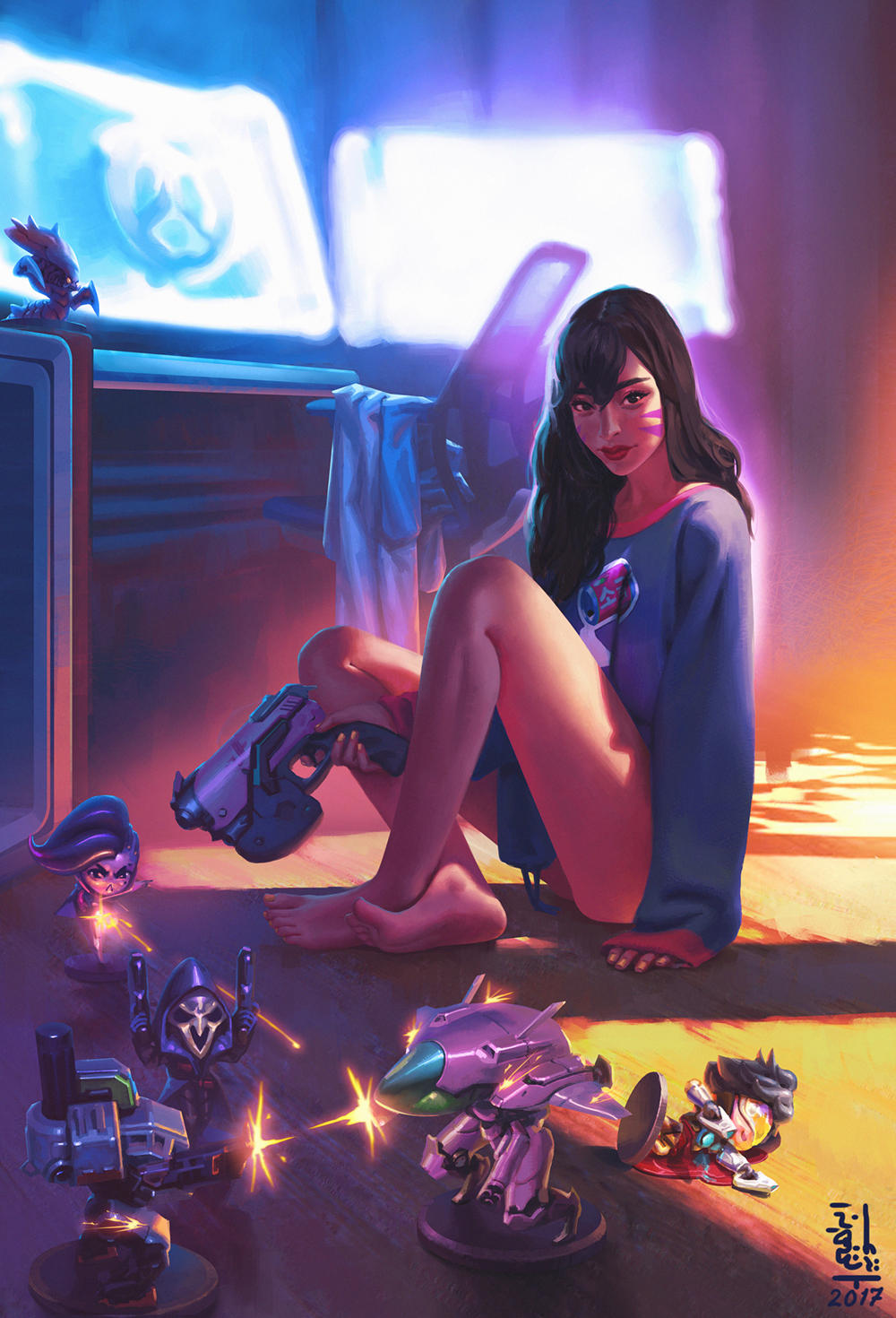 1girl barefoot bastion_(overwatch) blood brown_hair character_doll crossed_ankles d.va_(overwatch) eyebrows full_body hair_down highres ibrahem_swaid lips meka_(overwatch) monitor naked_sweater nose overwatch overwatch_(logo) reaper_(overwatch) screen_light sleeves_past_wrists solo sombra_(overwatch) starcraft sweater toes tracer_(overwatch) whisker_markings zerg_(starcraft)