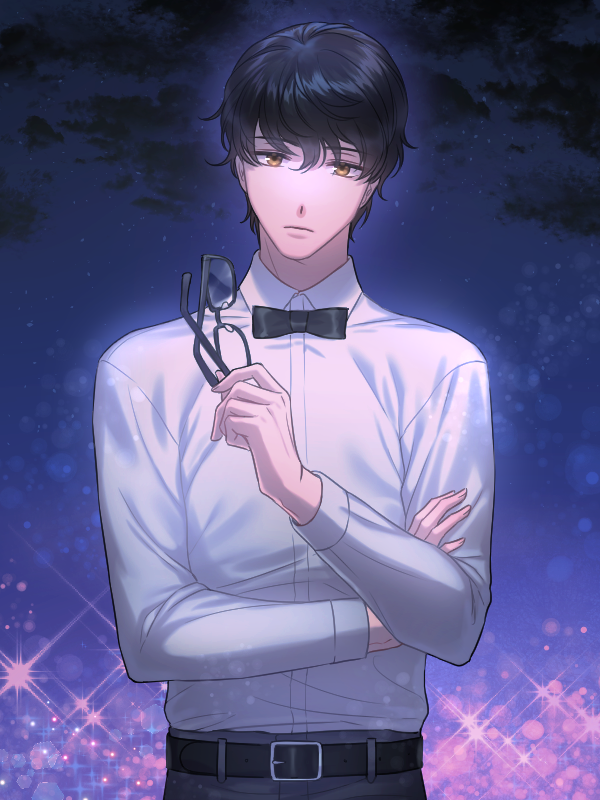 1boy belt black_hair black_neckwear black_pants blue_background bow bowtie commission eyewear_removed hair_between_eyes hand_on_own_arm hsmoji looking_at_viewer male_focus outdoors pants shirt solo standing white_shirt