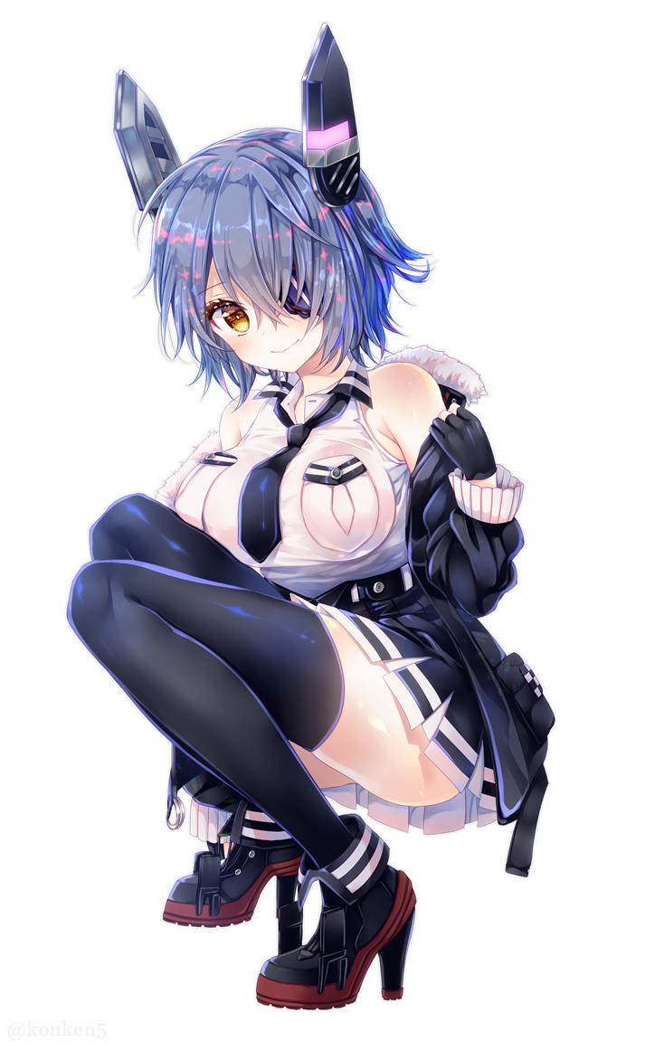 1girl armpit_crease ass bangs bare_shoulders belt black_footwear black_gloves black_jacket black_legwear black_neckwear black_skirt blue_hair blush breasts closed_mouth collared_shirt eyepatch fur-trimmed_jacket fur_trim gloves headgear high_heels jacket kantai_collection konno_kengo large_breasts long_sleeves looking_at_viewer miniskirt necktie off_shoulder open_clothes open_jacket partly_fingerless_gloves pleated_skirt remodel_(kantai_collection) shirt shirt_tucked_in short_hair simple_background skirt sleeveless sleeveless_shirt smile solo squatting tenryuu_(kantai_collection) thigh-highs white_background white_shirt yellow_eyes