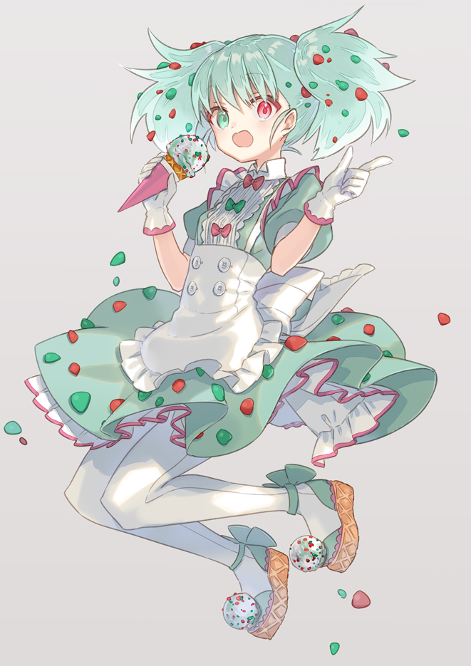 1girl apron blush bow brown_footwear commentary_request dress food food_themed_clothes frilled_apron frills full_body gloves green_bow green_dress green_eyes green_hair grey_background hands_up heterochromia holding holding_food ice_cream ice_cream_cone indoors looking_at_viewer miyoshino open_mouth original pantyhose personification puffy_short_sleeves puffy_sleeves red_bow red_eyes short_sleeves simple_background solo twintails waist_apron white_apron white_gloves white_legwear