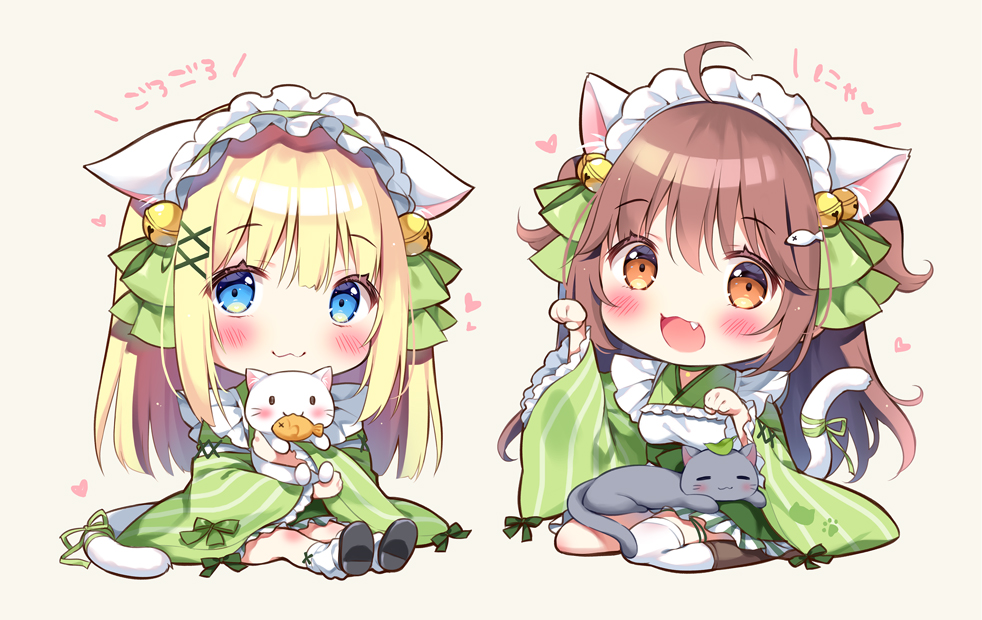 2girls :3 :d ahoge alternate_costume animal animal_ears apron bangs bell black_footwear blonde_hair blue_eyes blush brown_background brown_eyes brown_hair cat cat_ears cat_girl cat_tail closed_mouth comiket_101 commentary_request enmaided fang food frilled_apron frilled_sleeves frills green_kimono green_ribbon hair_bell hair_between_eyes hair_ornament japanese_clothes jingle_bell kemonomimi_mode kimono kokoa-chan_(pan_(mimi)) long_sleeves looking_at_viewer loose_socks maid maid_apron maid_headdress multiple_girls original pan_(mimi) paw_pose ribbon shoe_soles shoes simple_background sitting smile socks tail tail_ornament tail_ribbon taiyaki ten-chan_(pan_(mimi)) thigh-highs two_side_up wa_maid wagashi wariza white_apron white_cat white_socks white_thighhighs wide_sleeves