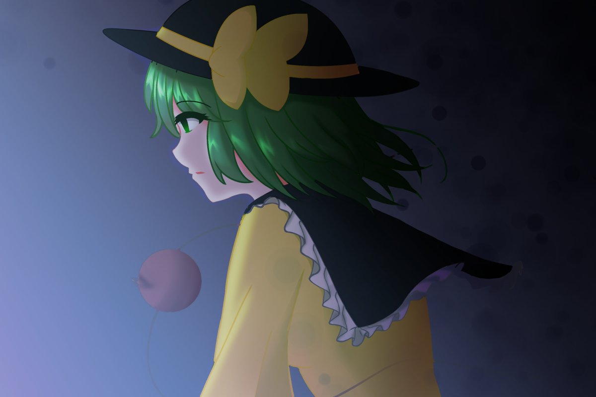 1girl closed_mouth eyebrows_visible_through_hair green_eyes green_hair hair_between_eyes komeiji_koishi long_sleeves shirooinari short_hair simple_background tagme touhou