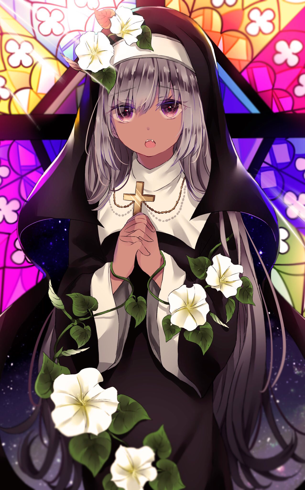 1girl black_dress cross cross_necklace dark_skin dress flower hands_clasped highres holding_cross hood jewelry kuro_namako long_hair long_sleeves looking_at_viewer necklace nun original own_hands_together silver_hair solo very_long_hair white_flower