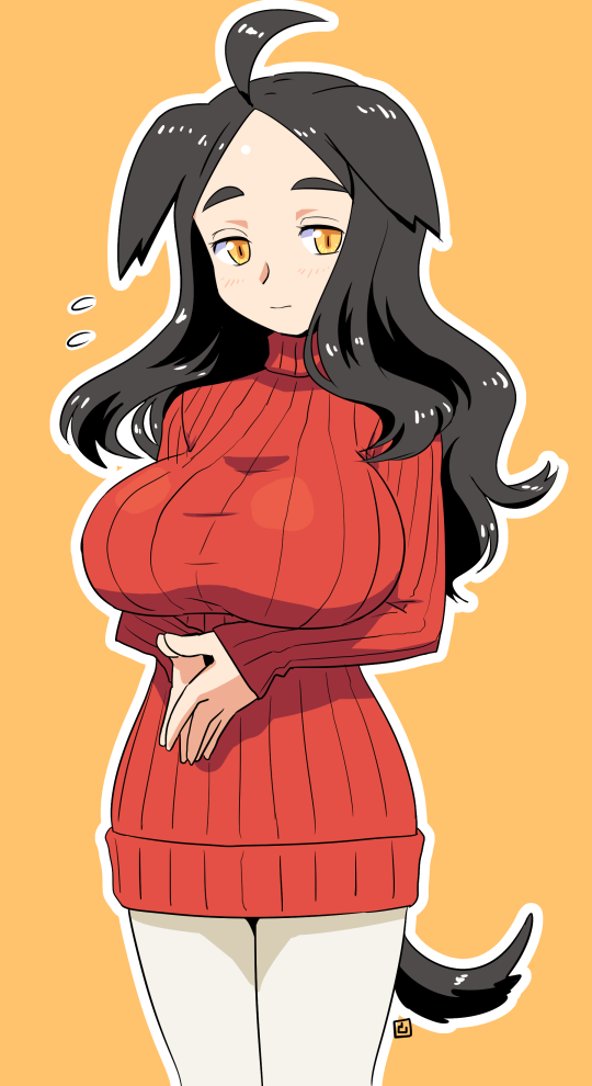 1girl ahoge animal_ears black_hair blush breasts cowboy_shot dog_ears dog_tail large_breasts long_hair muu_(mumumer) original own_hands_together red_sweater ribbed_sweater simple_background smile solo sweater tail thick_eyebrows turtleneck turtleneck_sweater yellow_background yellow_eyes
