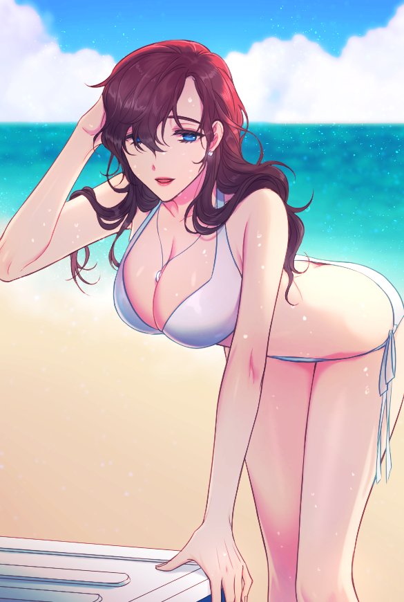 1girl beach between_breasts bikini blue_eyes blue_sky breasts brown_hair cooler day earrings hand_in_hair hsmoji jewelry large_breasts leaning_forward long_hair mature necklace ocean original outdoors sand side-tie_bikini sky solo swimsuit white_bikini