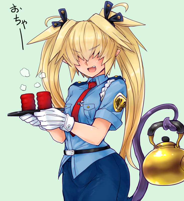 1girl :d antenna_hair blonde_hair blue_background blue_shirt blue_skirt blush breast_pocket collared_shirt covered_eyes cowboy_shot cup demon_tail eyebrows_visible_through_hair facing_viewer fang hair_over_eyes long_hair necktie open_mouth original pocket pointy_ears police police_uniform policewoman prehensile_tail red_neckwear shirt simple_background skirt skj smile solo standing tail teacup teapot tray twintails uniform wing_collar