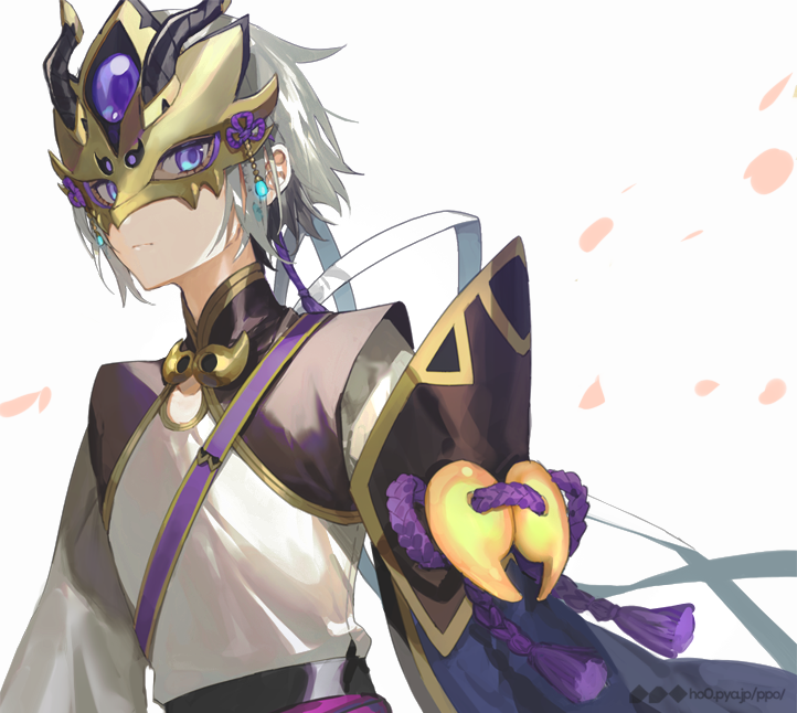 1boy akira_hou blue_eyes closed_mouth fate/grand_order fate_(series) grey_background grey_hair horned_headwear horns looking_at_viewer magatama male_focus mask petals rope saber_(lostbelt) solo upper_body violet_eyes watermark web_address white_hair wide_sleeves
