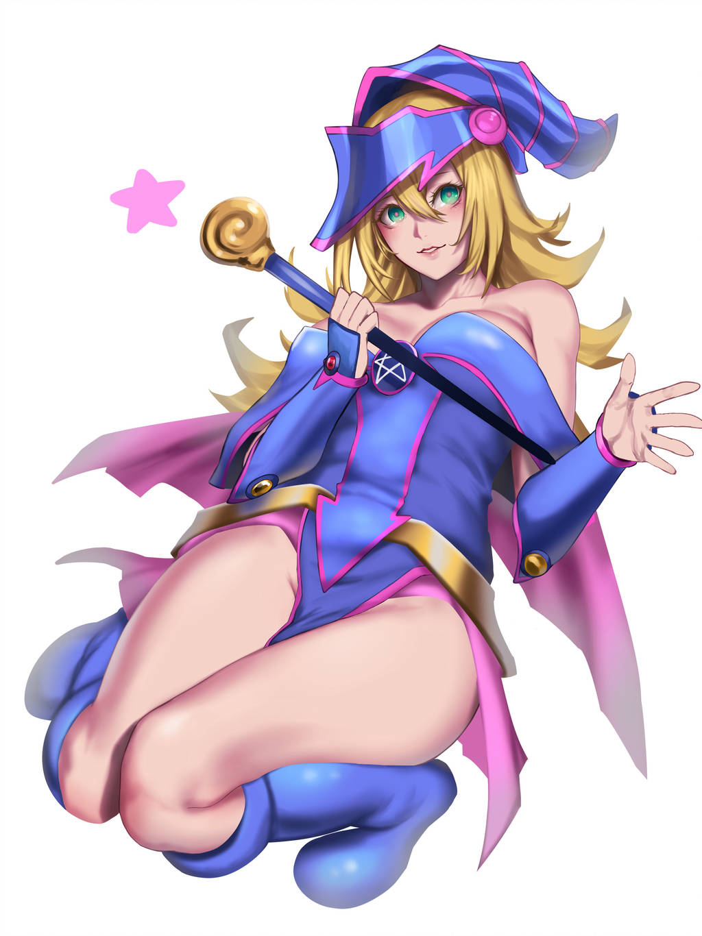 1girl bare_shoulders blonde_hair boots breasts dark_magician_girl detached_sleeves duel_monster full_body green_eyes hair_between_eyes hat highres knee_boots knees_together_feet_apart kumiko_shiba looking_at_viewer medium_breasts pelvic_curtain pentacle solo thighs wand white_background wizard_hat yu-gi-oh! yuu-gi-ou yuu-gi-ou_duel_monsters