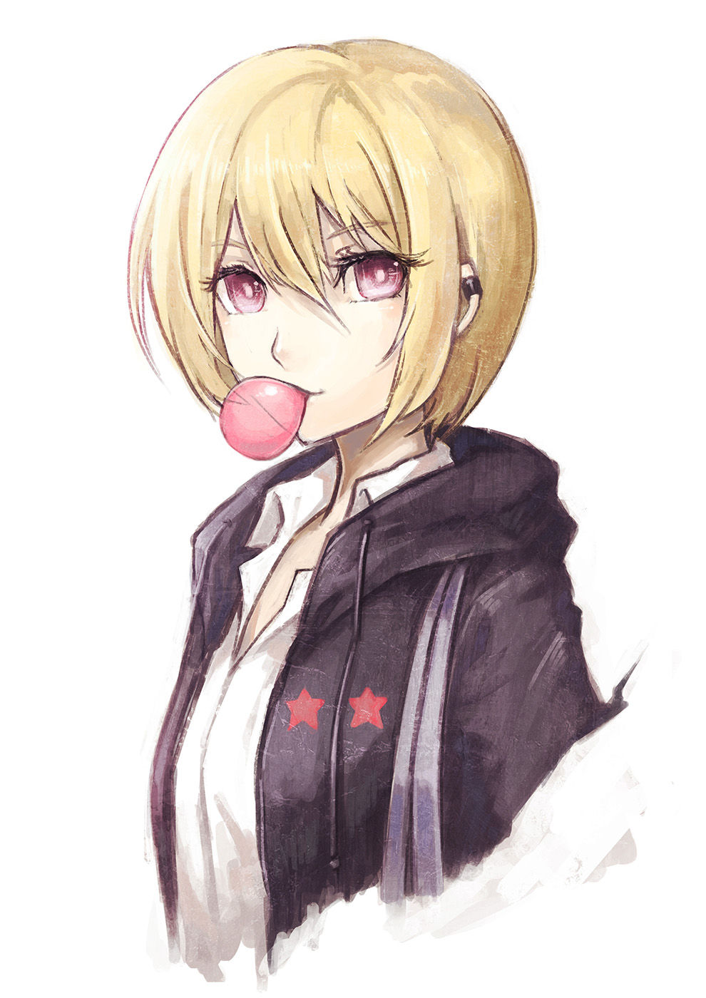 1girl a-er_(akkij0358) blonde_hair bright_pupils bubble_blowing chewing_gum collared_shirt commentary_request ear_piercing eyebrows_visible_through_hair highres idolmaster idolmaster_shiny_colors jacket open_clothes open_jacket piercing pink_eyes saijou_juri shirt short_hair simple_background solo star upper_body white_background white_shirt wing_collar