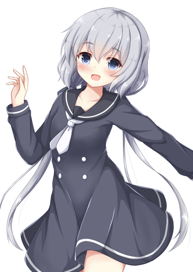 1girl :d bangs black_dress black_sailor_collar blue_eyes blush collarbone commentary_request dress eyebrows_visible_through_hair hair_between_eyes hand_up head_tilt kedama_(kedama_akaza) konno_junko long_hair long_sleeves looking_at_viewer low_twintails necktie open_mouth sailor_collar sailor_dress short_necktie silver_hair simple_background smile solo twintails very_long_hair white_background white_neckwear zombie_land_saga