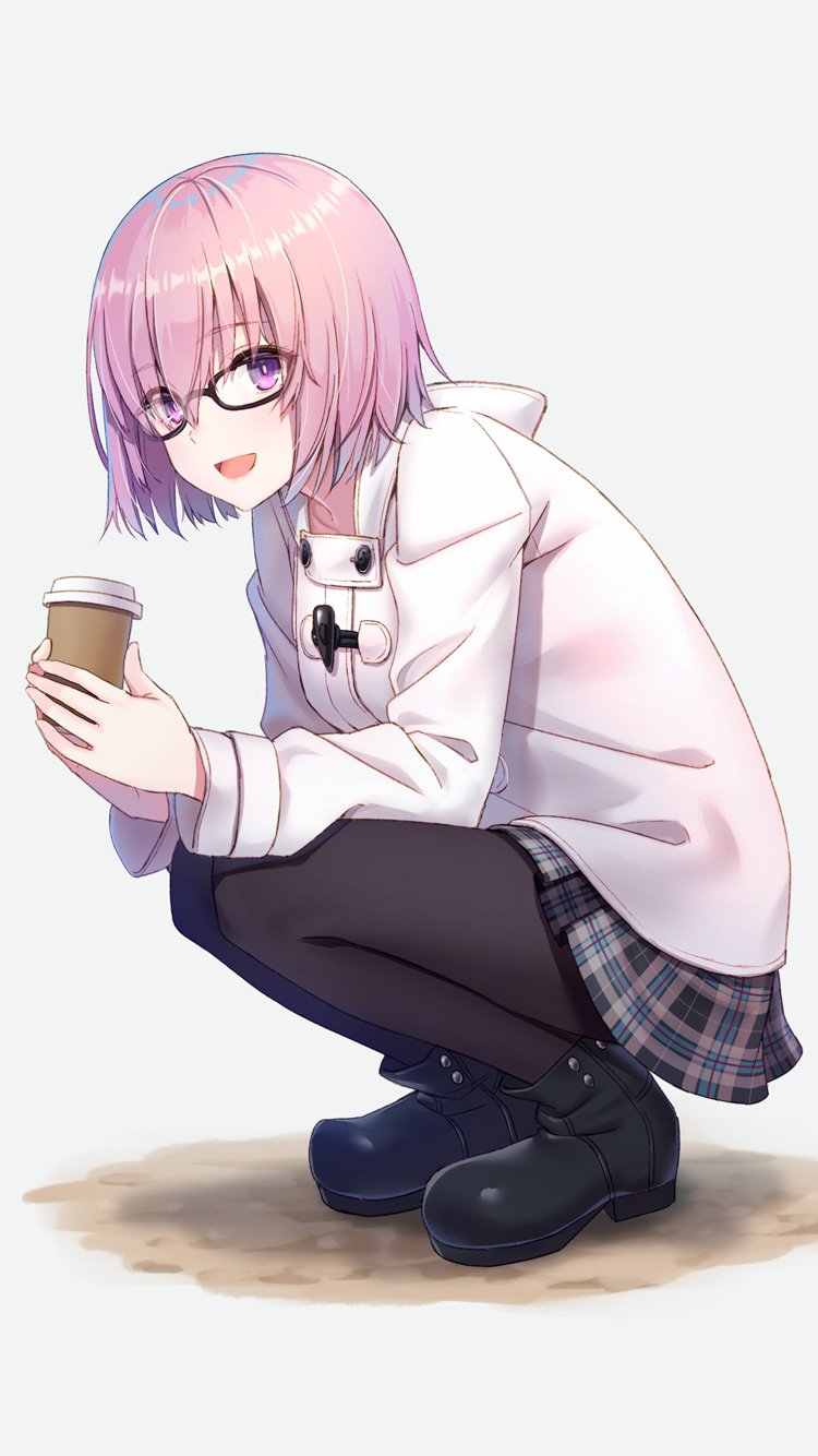 1girl :d bangs black-framed_eyewear black_footwear black_legwear black_skirt boots breasts collarbone commentary cup disposable_cup eyebrows_visible_through_hair fate/grand_order fate_(series) from_side full_body glasses hair_between_eyes hair_over_one_eye highres holding holding_cup hood hood_down hooded_jacket hyuuga_azuri jacket long_sleeves looking_at_viewer looking_to_the_side mash_kyrielight miniskirt open_mouth pantyhose pink_hair plaid plaid_skirt pleated_skirt shadow short_hair simple_background skirt small_breasts smile solo squatting violet_eyes white_background white_jacket