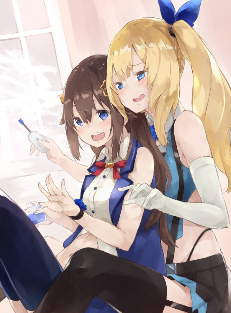 2girls armpits behind_another blonde_hair blue_eyes blue_nails blush breasts brown_hair buttons elbow_gloves eyebrows_visible_through_hair gloves groin hair_ornament kase_(kurimuzone_oruta) long_hair looking_at_another midriff mirai_akari mirai_akari_project multiple_girls nail_polish on_lap open_mouth ribbon side_ponytail sleeveless smile star star_hair_ornament thigh-highs thighs tokino_sora tokino_sora_channel virtual_youtuber wavy_mouth window yuri