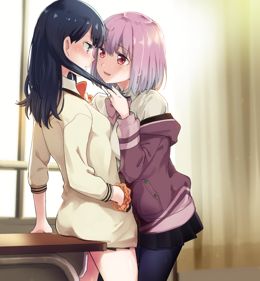 2girls bangs black_hair black_legwear black_skirt blue_eyes blush commentary_request curtains desk face-to-face hair_pull lavender_hair long_hair long_sleeves multiple_girls niina_ryou off_shoulder open_mouth orange_scrunchie pantyhose red_eyes red_neckwear scrunchie shinjou_akane short_hair skirt smile ssss.gridman takarada_rikka window wrist_scrunchie yuri