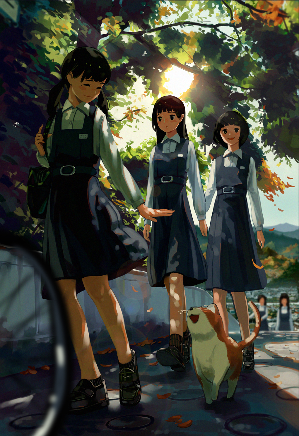 5girls autumn_leaves bag belt black_eyes black_footwear black_hair black_legwear blue_dress blurry bob_cut bobby_socks buckle cat closed_eyes commentary_request dappled_sunlight day depth_of_field dress facing_down highres light_rays loafers long_hair long_sleeves looking_at_another looking_at_viewer low_twintails mole mole_under_eye mountain multiple_girls name_tag open_hand open_mouth original outdoors outstretched_hand pinafore_dress school_bag school_uniform shirt shoes short_hair smile socks sunbeam sunlight tree twintails white_shirt xingbai_xian