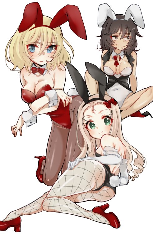 3girls andou_(girls_und_panzer) animal_ears arm_support ass backless_outfit backlighting bangs bc_freedom_school_uniform black_hair black_legwear black_leotard blonde_hair blue_eyes blush boots bow bowtie breast_hold breasts brown_eyes bunny_tail bunnysuit cleavage closed_mouth commentary covered_navel crossed_arms detached_collar drill_hair elbow_gloves eyebrows_visible_through_hair fake_animal_ears fake_tail fishnet_pantyhose fishnets from_behind frown girls_und_panzer gloves green_eyes hair_bow hand_on_own_leg high_heel_boots high_heels hips invisible_floor kneeling kumasawa_(dkdkr) leaning_to_the_side legs leotard light_blush long_hair looking_at_viewer looking_back lying marie_(girls_und_panzer) medium_breasts medium_hair messy_hair multiple_girls on_side oshida_(girls_und_panzer) pantyhose parted_lips rabbit_ears red_bow red_footwear red_leotard red_neckwear sheer_legwear simple_background sitting smile strapless strapless_leotard sweatdrop tail undone_bowtie white_background white_gloves wrist_cuffs