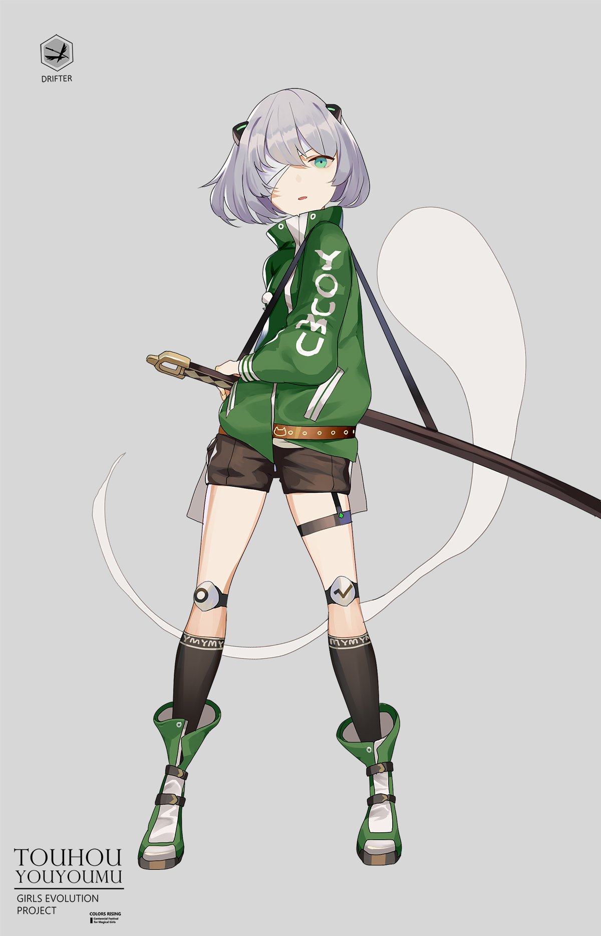 1girl alternate_costume bandage bandage_over_one_eye bangs black_legwear black_shorts boots character_name commentary copyright_name green_eyes green_footwear green_jacket grey_background hair_between_eyes hair_ornament high_collar highres hillly_(maiwetea) hitodama holding holding_sword holding_weapon jacket katana knee_pads kneehighs konpaku_youmu konpaku_youmu_(ghost) long_sleeves looking_at_viewer parted_lips pocket scabbard sheath sheathed short_hair short_shorts shorts silver_hair simple_background solo sword thigh_strap thighs touhou weapon