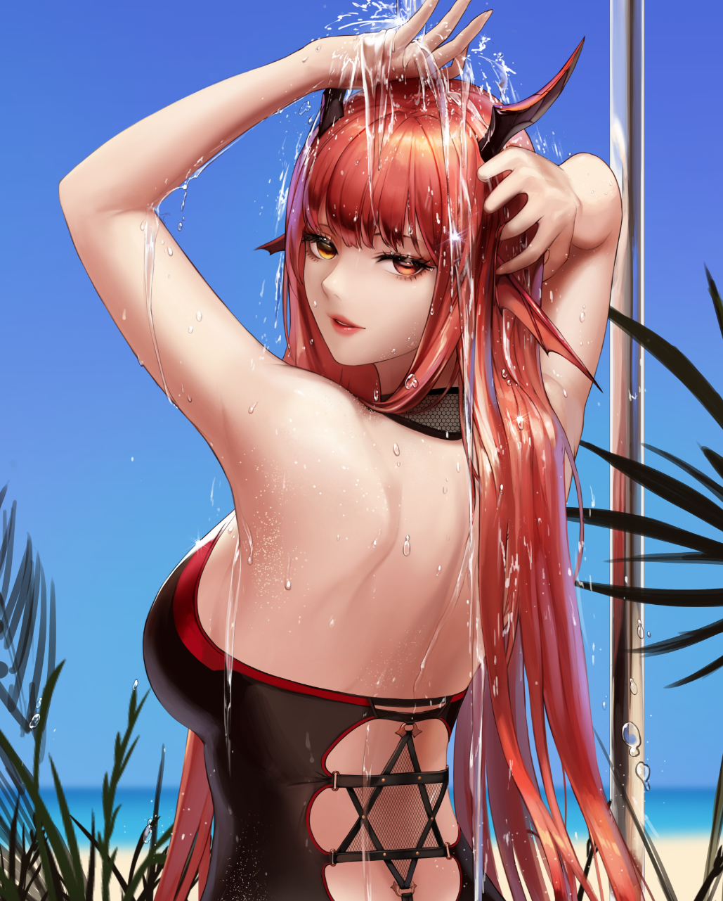 1girl animal_ears bangs bare_arms bare_back bare_shoulders black_swimsuit blue_sky breasts casual_one-piece_swimsuit character_request day dungeon_and_fighter from_behind halterneck hands_up head_fins heterochromia highres horns large_breasts lipstick long_hair looking_at_viewer looking_back makeup monaim ocean one-piece_swimsuit orange_eyes outdoors parted_lips red_eyes red_lipstick redhead seductive_smile showering sky smile solo swimsuit upper_body water wet