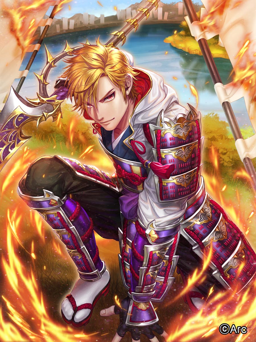 1boy armor black_pants blonde_hair blue_sky box_(hotpppink) bracer day fingerless_gloves fire flag flame gloves grass greaves highres holding holding_weapon hood hood_down male_focus official_art outdoors pants pink_eyes red_footwear sengoku_kishin_valkyrie sky smirk solo water weapon white_hood white_legwear