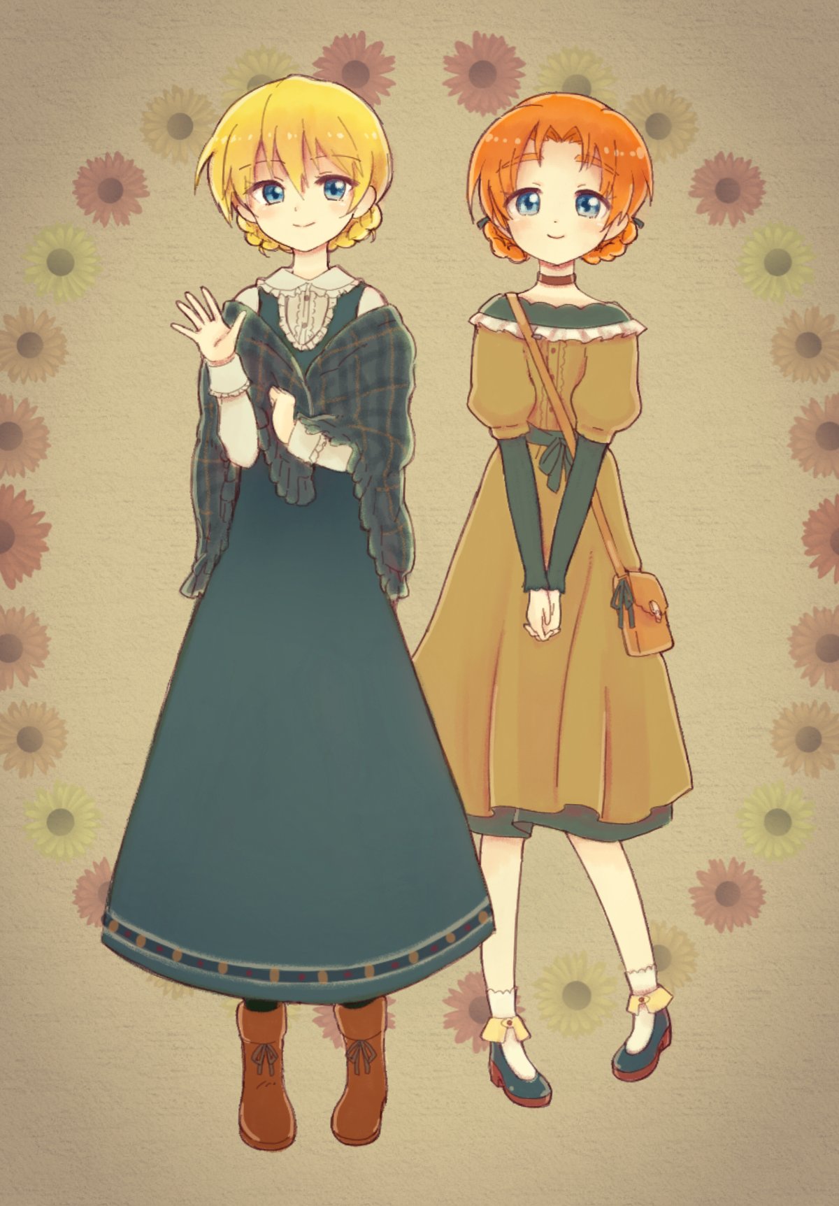 2girls bag bangs black_ribbon blonde_hair blue_eyes boots braid brown_background brown_dress brown_footwear carrying casual closed_mouth commentary darjeeling dress eyebrows_visible_through_hair floral_background frilled_shirt_collar frilled_sleeves frills full_body girls_und_panzer green_dress green_footwear hair_ribbon handbag hands_together highres kosame_koori long_dress long_sleeves looking_at_viewer medium_dress multiple_girls orange_hair orange_pekoe parted_bangs pinafore_dress ribbon shawl shirt shoes short_hair short_over_long_sleeves short_sleeves smile socks standing tied_hair traditional_media twin_braids v_arms waving white_legwear white_shirt