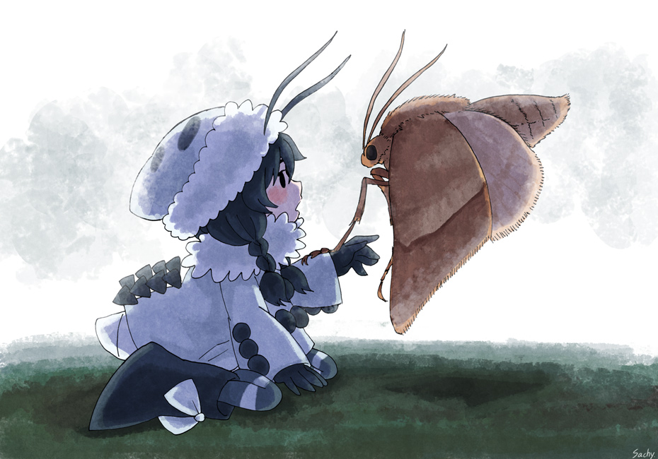 1girl antennae beanie black_eyes black_gloves black_hair boots braid bug coat commentary_request eye_contact flying fur_collar giant_insect gloves hat insect insect_girl kneeling looking_at_another medium_hair moth moth_wings open_mouth reaching_out sachy_(sachichy) twin_braids white_background white_coat wings