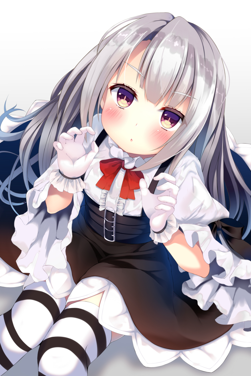 1girl azur_lane bangs black_skirt blush bow brown_eyes center_frills chestnut_mouth commentary_request erebus_(azur_lane) eyebrows_visible_through_hair frills from_above gloves gradient gradient_background grey_background hands_up high-waist_skirt highres juliet_sleeves long_hair long_sleeves looking_at_viewer looking_up parted_lips pokonyan_(kuhina0110) puffy_sleeves red_bow shirt silver_hair sitting skirt solo striped striped_legwear suspender_skirt suspenders thigh-highs v-shaped_eyebrows very_long_hair white_background white_gloves white_shirt wide_sleeves