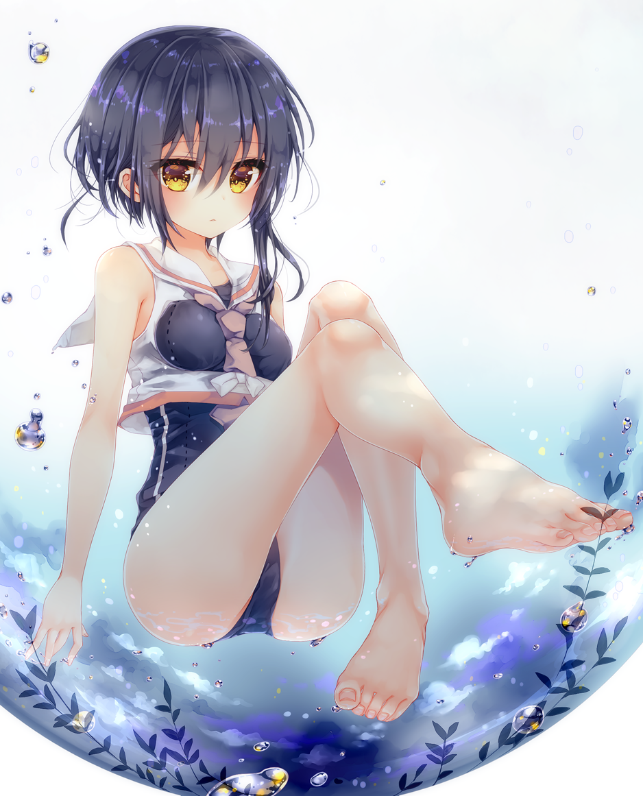 1girl air_bubble ass asymmetrical_hair bangs bare_arms bare_legs bare_shoulders barefoot between_breasts black_hair breasts brown_neckwear bubble closed_mouth crop_top expressionless eyebrows_visible_through_hair framed_breasts full_body hair_between_eyes i-14_(kantai_collection) kantai_collection knees_up konno_kengo leg_up looking_at_viewer necktie one-piece_swimsuit sailor_collar school_swimsuit shirt short_hair sidelocks sleeveless sleeveless_shirt small_breasts solo swimsuit thighs water white_sailor_collar white_shirt yellow_eyes