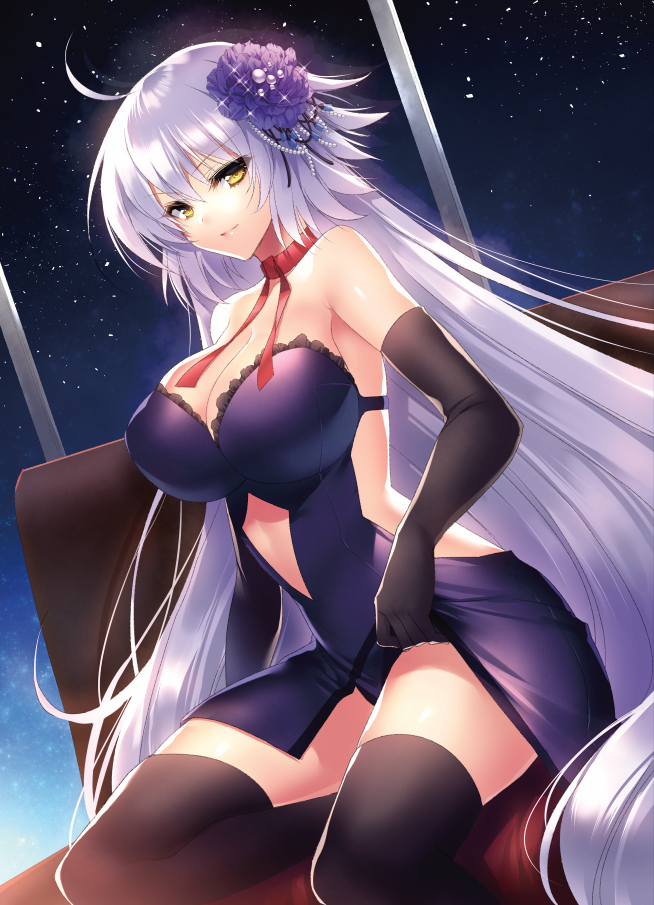 1girl ahoge bangs black_dress black_gloves breasts cleavage closed_mouth collarbone couch dress elbow_gloves fate/grand_order fate_(series) flower gloves hair_between_eyes hair_flower hair_ornament hips jeanne_d'arc_(alter)_(fate) jeanne_d'arc_(fate)_(all) kurumi_moka large_breasts long_hair looking_at_viewer neck_ribbon night night_sky red_ribbon ribbon silver_hair sitting sky smile solo star_(sky) starry_sky thighs very_long_hair window yellow_eyes