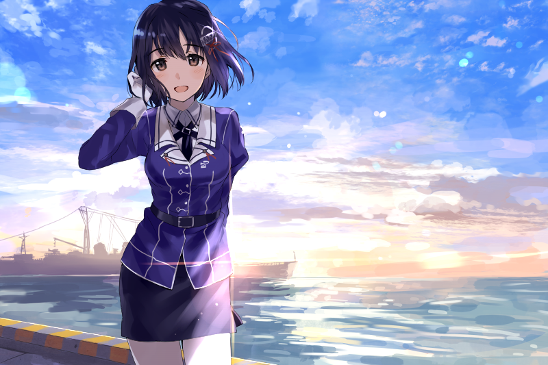 1girl :d black_hair black_neckwear black_skirt blue_jacket blue_sky blush brown_eyes clouds day eyebrows_visible_through_hair floating_hair haguro_(kantai_collection) hair_ribbon hand_in_hair jacket kantai_collection looking_at_viewer military_jacket miniskirt necktie ocean open_mouth outdoors pantyhose pencil_skirt red_ribbon ribbon ship shirt short_hair skirt sky smile solo sunlight sunset tan_(tangent) watercraft white_legwear white_shirt