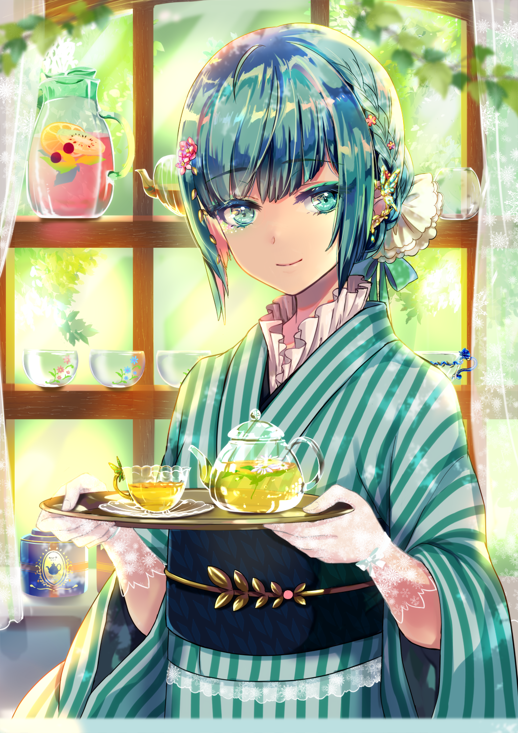 1girl ahoge aqua_eyes aqua_hair backlighting bangs blurry blurry_background blurry_foreground braid branch butterfly_earrings closed_mouth commentary_request cup curtains day depth_of_field earrings eyebrows_visible_through_hair eyelashes flower frills gloves green_ribbon hair_flower hair_ornament hair_ribbon highres holding holding_tray indoors japanese_clothes jar jewelry kicori kimono lace lace_gloves leaf long_sleeves looking_at_viewer obi original pitcher ribbon sash saucer see-through shiny shiny_hair short_hair sidelocks smile solo striped striped_kimono teacup teapot tray upper_body white_gloves white_ribbon wide_sleeves window