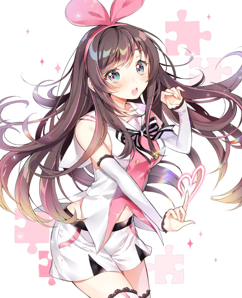 1girl a.i._channel blue_eyes brown_hair cowboy_shot detached_sleeves floating_hair frilled_legwear hairband heart highlights index_finger_raised kizuna_ai long_hair long_sleeves looking_at_viewer midriff multicolored_hair neck_ribbon open_mouth pingo pink_hairband puzzle_piece ribbon shiny shiny_hair shirt short_shorts shorts sleeveless sleeveless_shirt solo standing stomach striped striped_ribbon thigh-highs very_long_hair white_legwear white_shorts white_sleeves