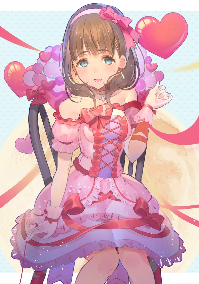 1girl :d bangs bare_shoulders blue_background blue_eyes blush bow bow_earrings brown_hair chair commentary_request dress earrings eyebrows_visible_through_hair hair_bow hairband halftone halftone_background hand_up heart highres idolmaster idolmaster_cinderella_girls idolmaster_cinderella_girls_starlight_stage jewelry koyoi_mitsuki looking_at_viewer open_mouth pink_bow pink_dress puffy_short_sleeves puffy_sleeves red_ribbon ribbon sakuma_mayu short_hair short_sleeves sitting smile solo