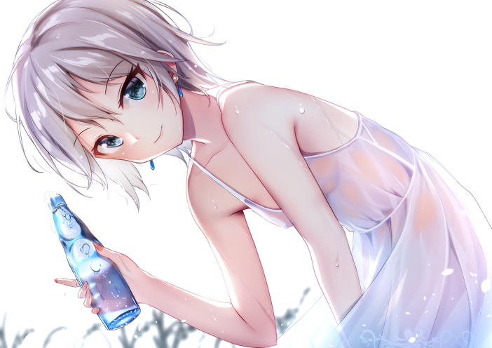 1girl anastasia_(idolmaster) armpit_crease bangs bare_arms bare_shoulders bent_over blue_eyes blurry bottle closed_mouth collarbone commentary_request dress earrings holding holding_bottle idolmaster idolmaster_cinderella_girls jewelry looking_at_viewer nail_polish pink_nails plant see-through short_hair sidelocks silver_hair simple_background sleeveless sleeveless_dress smile spaghetti_strap sweat water_bottle wet wet_clothes white_background white_dress yan_(nicknikg)