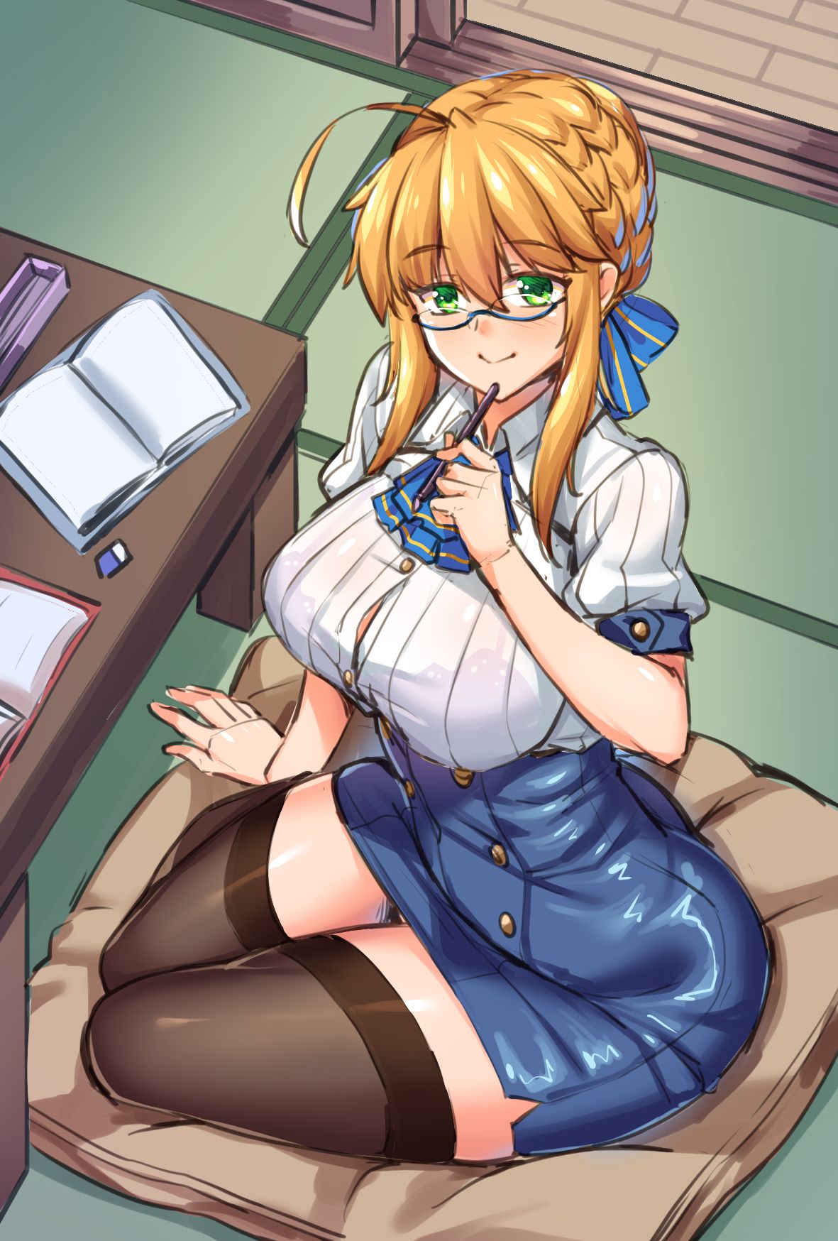 1girl ahoge arm_support artoria_pendragon_(all) artoria_pendragon_(lancer) bangs bespectacled between_legs black_legwear blonde_hair blue-framed_eyewear braid breasts collared_shirt commentary_request cushion fate/grand_order fate_(series) french_braid from_above full_body glasses green_eyes hair_between_eyes highres indoors large_breasts looking_at_viewer pencil_skirt semi-rimless_eyewear shirokuma_a shirt short_sleeves sidelocks sitting skirt smile swept_bangs table tatami thigh-highs thighs wooden_floor zettai_ryouiki