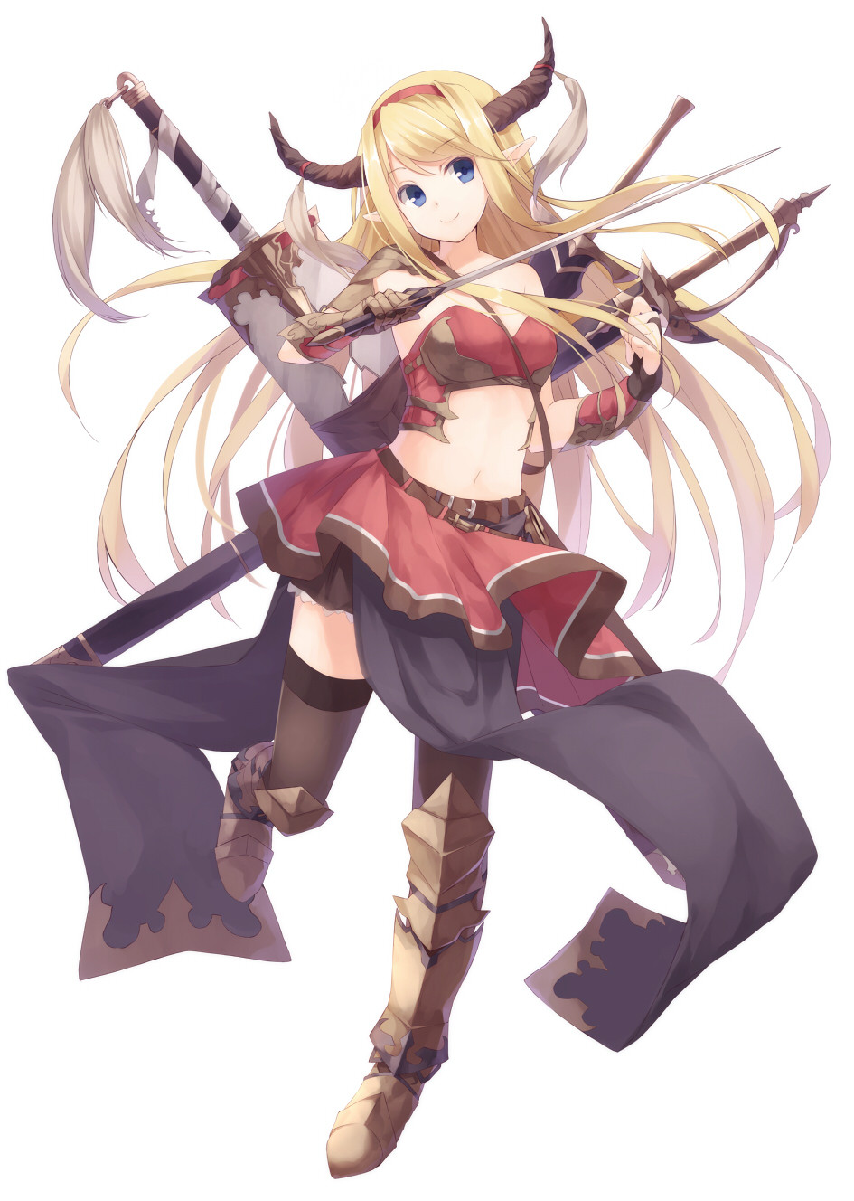 1girl armor armored_boots bangs bare_shoulders belt belt_buckle black_gloves blonde_hair blue_eyes boots breasts brown_footwear brown_legwear buckle closed_mouth crop_top eyebrows_visible_through_hair floating_hair full_body gauntlets gloves hairband head_tilt highres holding holding_sword holding_weapon horns huge_weapon leg_up leyte long_hair looking_at_viewer medium_breasts midriff miniskirt navel original partly_fingerless_gloves pelvic_curtain pointy_ears rapier red_skirt sheath sheathed sidelocks simple_background skirt smile solo standing standing_on_one_leg strap swept_bangs sword thigh-highs weapon weapon_on_back white_background zettai_ryouiki