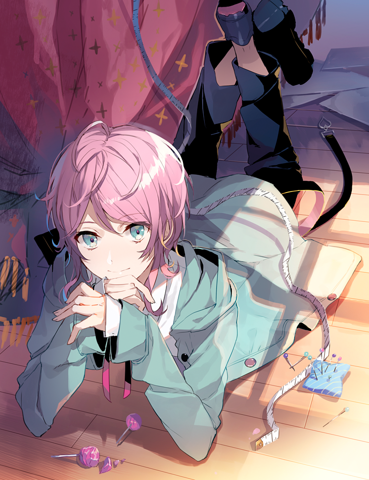 1boy amemura_ramuda androgynous belt black_footwear black_pants blue_eyes blue_jacket candy closed_mouth commentary_request eihi eyebrows_visible_through_hair food hypnosis_mic jacket lollipop long_sleeves looking_at_viewer lying male_focus on_floor on_stomach pants pin pincushion pink_hair shoes smile solo tape_measure