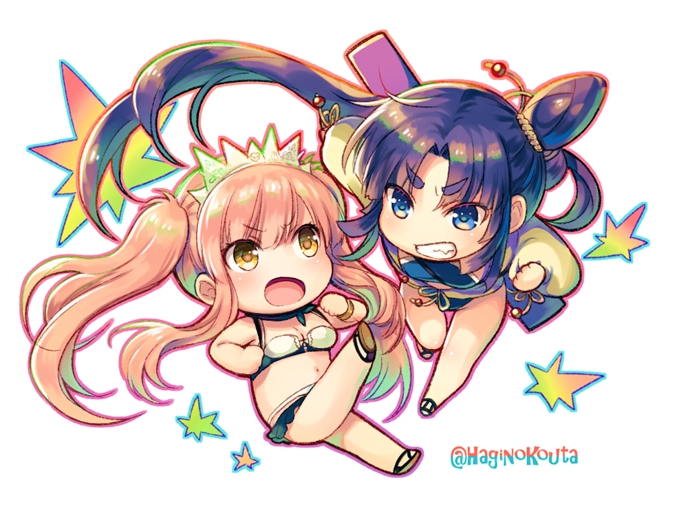 2girls bangs bare_arms bare_shoulders bikini black_footwear blue_bikini blue_eyes breasts brown_eyes brown_footwear brown_hair chibi cleavage clenched_teeth commentary_request eyebrows_visible_through_hair fate/grand_order fate_(series) hagino_kouta hair_between_eyes long_hair long_sleeves medb_(fate)_(all) medb_(swimsuit_saber)_(fate) medium_breasts multiple_girls open_mouth outstretched_arm pink_hair puffy_long_sleeves puffy_sleeves shoe_soles side_ponytail sidelocks simple_background swimsuit teeth thick_eyebrows tiara twintails twitter_username ushiwakamaru_(fate/grand_order) ushiwakamaru_(swimsuit_assassin)_(fate) v-shaped_eyebrows very_long_hair white_background white_bikini