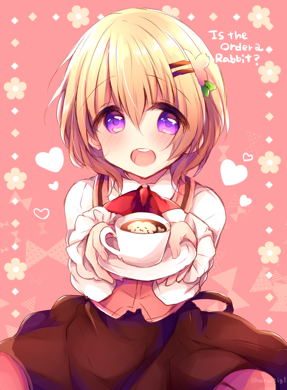 1girl :d bangs blush brown_hair brown_skirt coffee commentary_request copyright_name cup eyebrows_visible_through_hair gochuumon_wa_usagi_desu_ka? hair_between_eyes hair_ornament hairclip haru_ichigo heart highres holding_saucer hoto_cocoa looking_at_viewer open_mouth pink_background pink_vest rabbit_house_uniform round_teeth saucer shirt skirt smile solo teacup teeth uniform upper_teeth vest violet_eyes waitress white_shirt