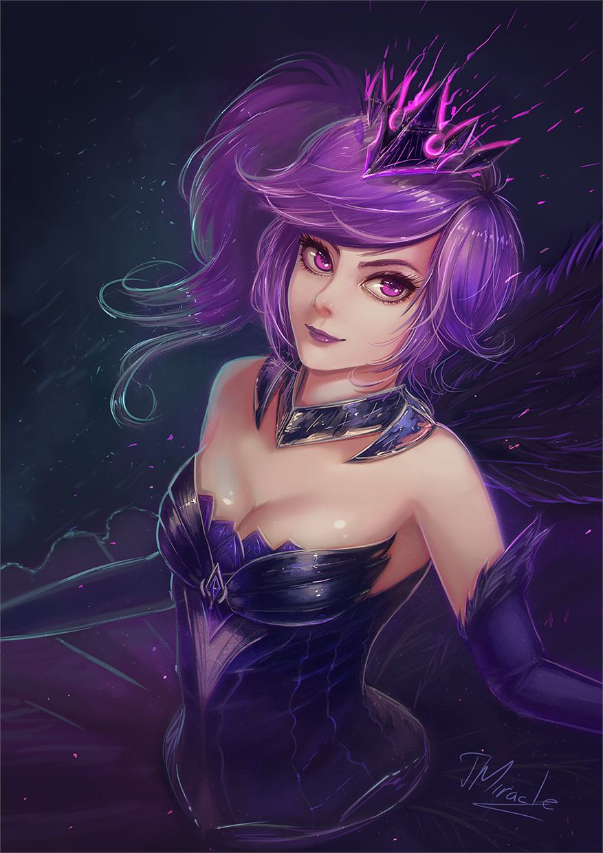 bare_shoulders breasts cleavage crown dark_elementalist_lux dress elbow_gloves elementalist_lux gloves highres league_of_legends luxanna_crownguard purple_dress purple_hair purple_lips side_ponytail signature strapless strapless_dress tmiracle violet_eyes