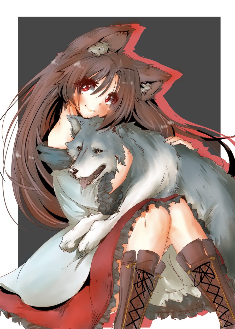 1girl animal animal_ear_fluff animal_ears bare_shoulders boots brown_footwear brown_hair closed_mouth cross-laced_footwear fang_out grey_background head_tilt highres imaizumi_kagerou knees_together_feet_apart lace-up_boots long_hair looking_at_viewer off_shoulder petting red_eyes red_skirt shirt sitting skirt smile solo tail tikano touhou two-tone_background white_background white_shirt wolf wolf_ears wolf_tail