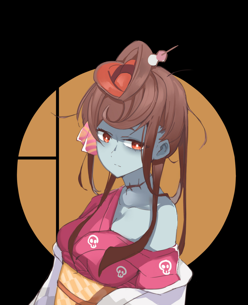 1girl bad_id bad_pixiv_id blue_kimono blue_skin bright_pupils brown_hair closed_mouth hair_ornament hairpin highres japanese_clothes kimono looking_at_viewer mitu_yang obi off_shoulder red_eyes sash scar solo upper_body yuugiri_(zombie_land_saga) zombie zombie_land_saga