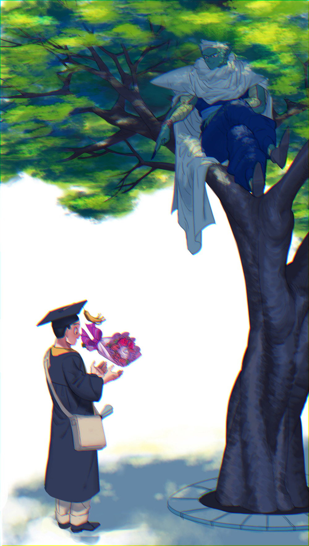2boys :d bag black_eyes bouquet cape dappled_sunlight diploma dragon_ball dragonball_z dress falling flower full_body gown graduation happy hat highres in_tree index_finger_raised legs_crossed looking_down male_focus mortarboard multiple_boys open_mouth outstretched_hand piccolo pink_flower pink_ribbon pink_rose pointy_ears profile ray.r ribbon rose simple_background sitting sitting_in_tree smile son_gohan standing sunlight tree tree_shade turban white_background