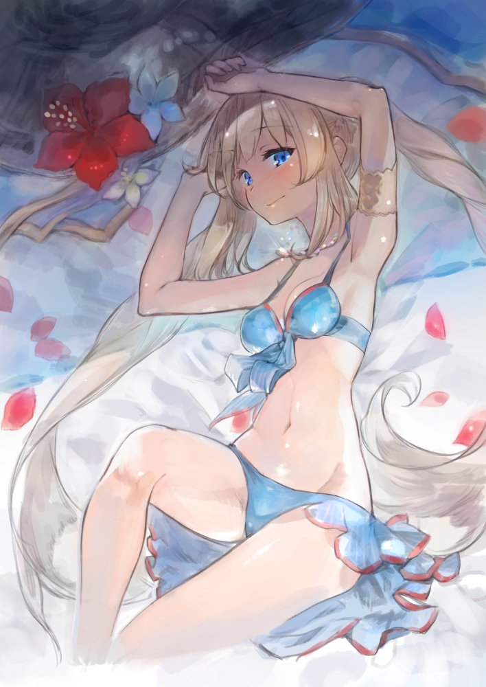 1girl armlet armpits bikini blonde_hair blue_bikini blue_eyes blush breasts collarbone eyebrows_visible_through_hair fate/grand_order fate_(series) flower from_above front-tie_bikini front-tie_top groin hibiscus jewelry long_hair looking_at_viewer lying marie_antoinette_(fate/grand_order) marie_antoinette_(swimsuit_caster)_(fate) navel necklace on_back petals red_flower shiny shiny_hair small_breasts smile solo swimsuit twintails very_long_hair virus_(obsession) white_flower